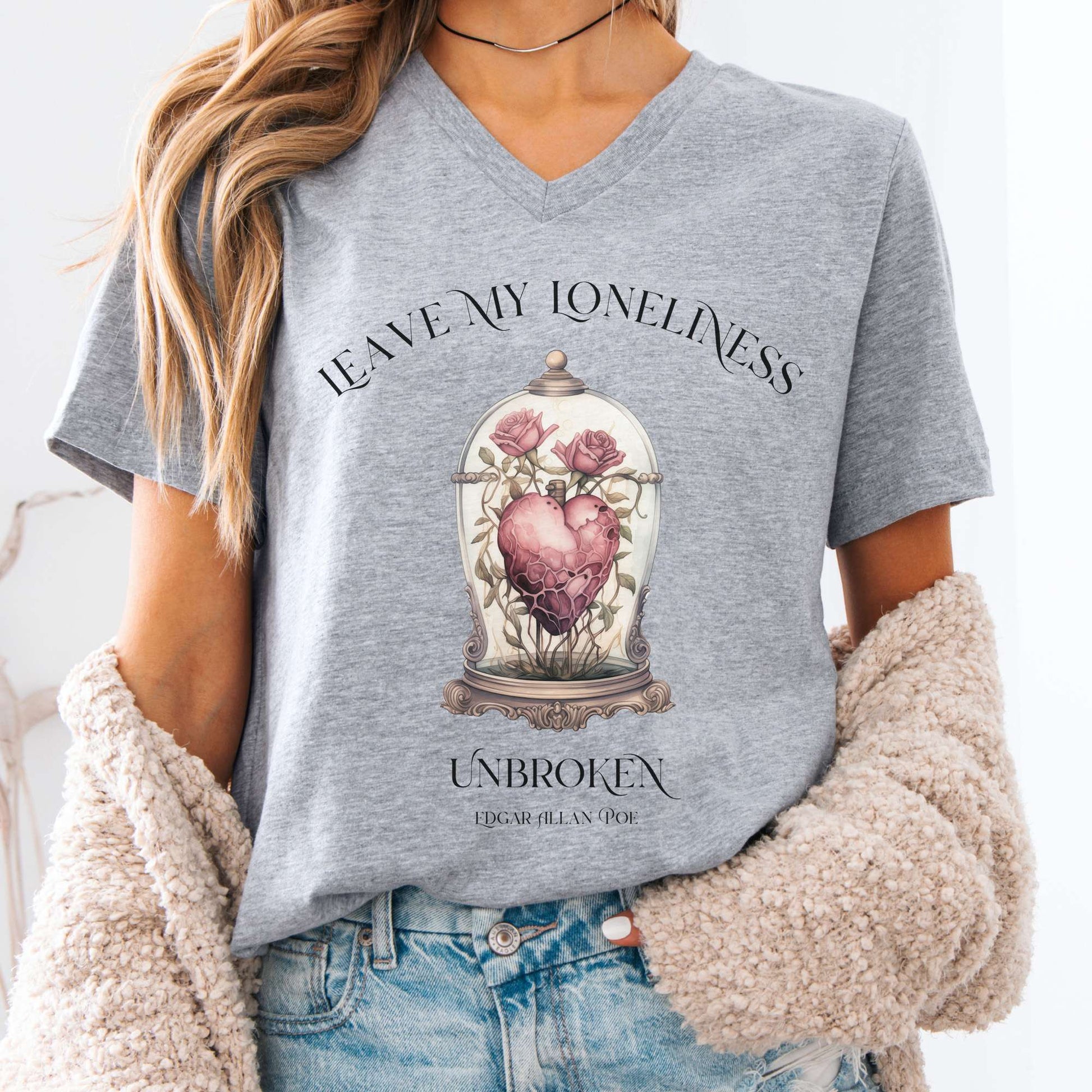 V-neck S / Athletic Heather Leave My Loneliness Unbroken V-Neck Tee β Poe Gothic Romance Tee The Mystic Eden