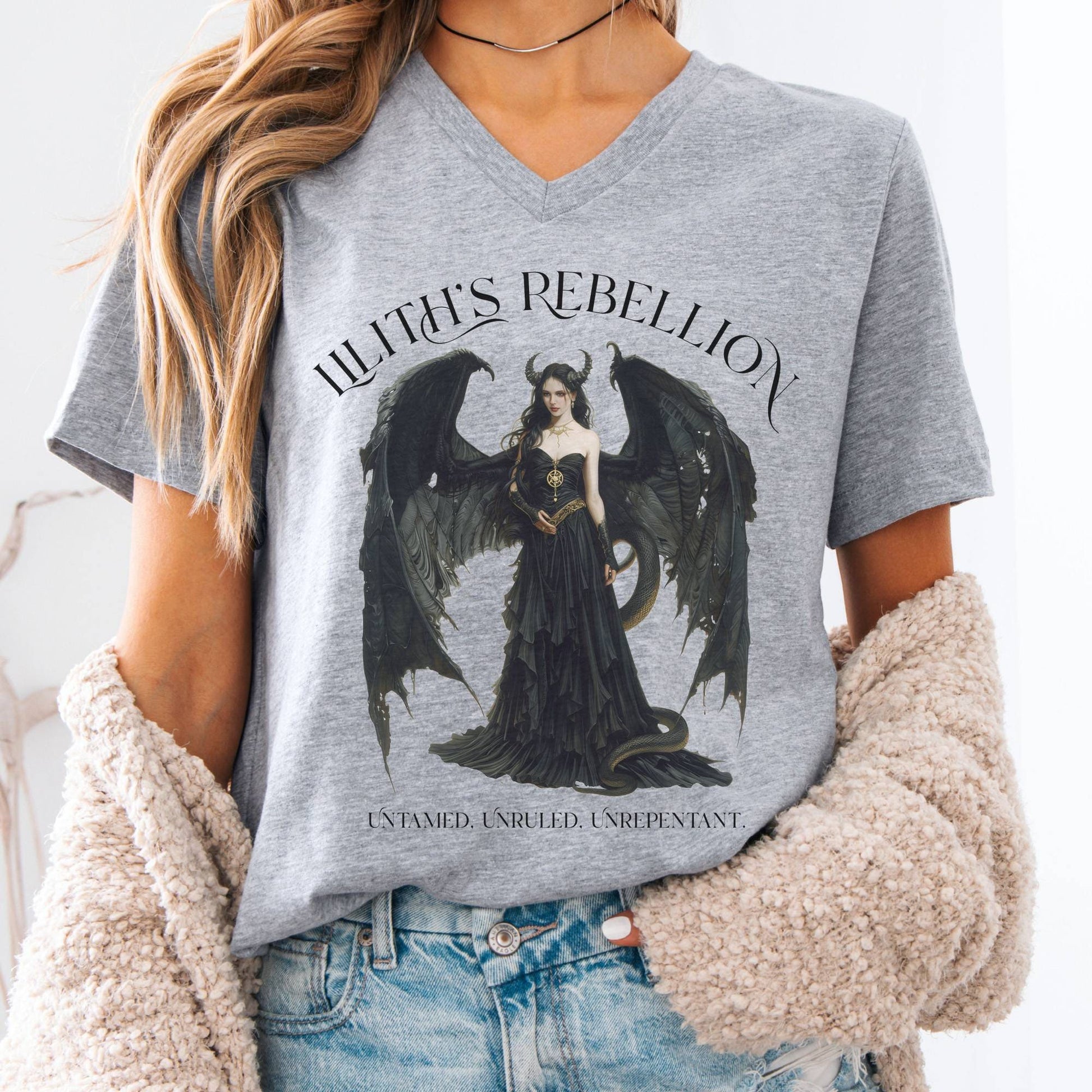 V-neck S / Athletic Heather Lilith's Rebellion V-Neck Tee β Dark Divine Feminine Tee The Mystic Eden