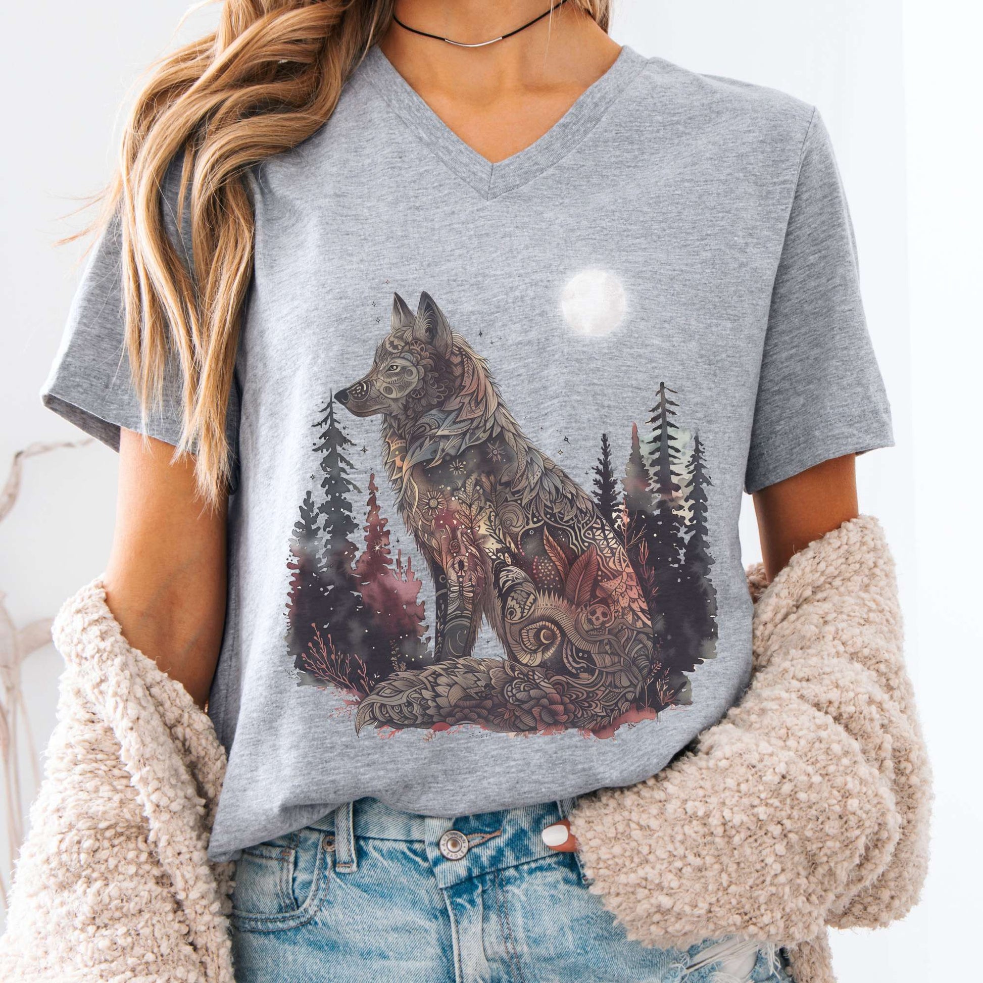 V-neck S / Athletic Heather Nightfall Wolf V-Neck Tee – Mystical Forestcore Tee The Mystic Eden