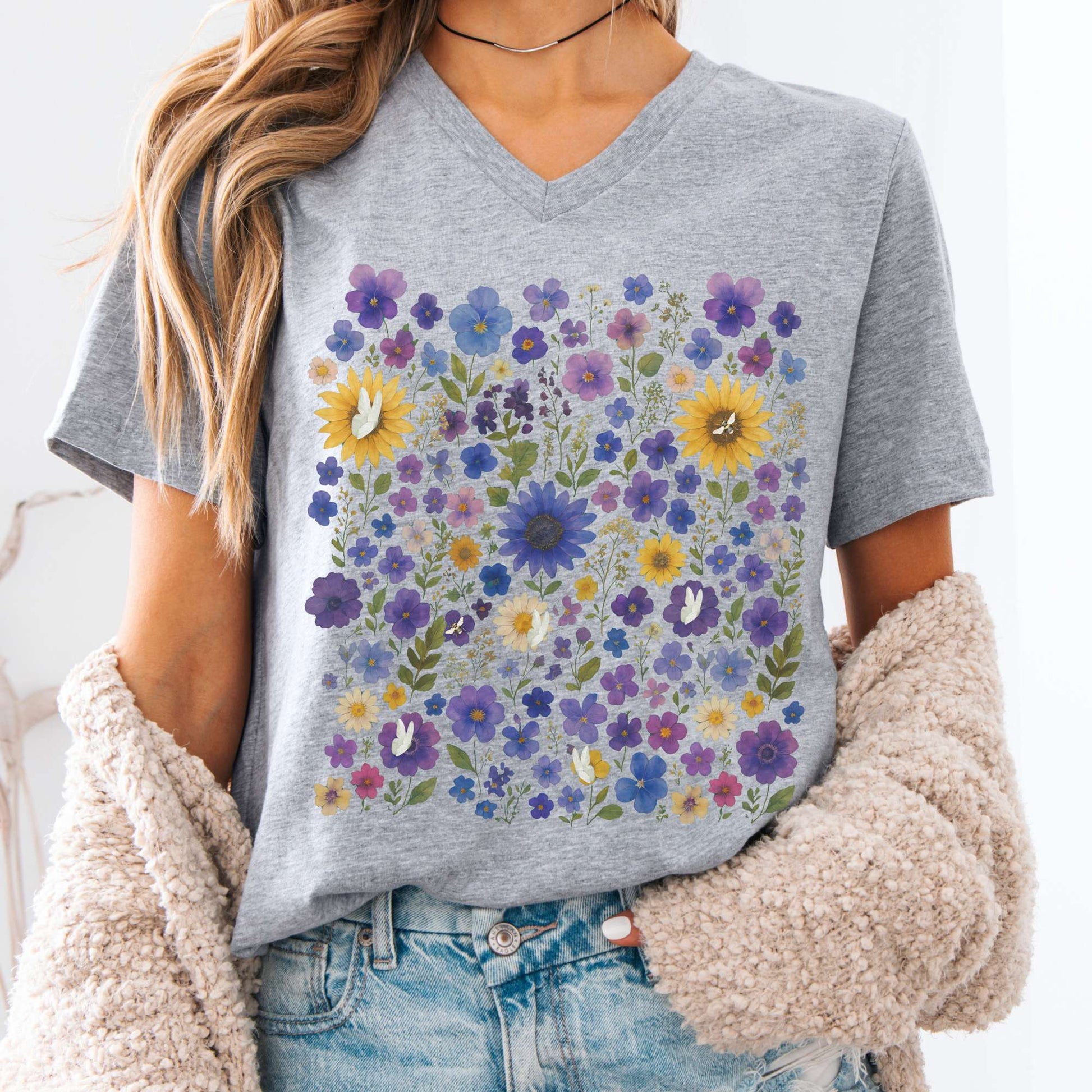 V-neck S / Athletic Heather Sunflower Garden V-Neck Tee β Vibrant Bloom Tee The Mystic Eden