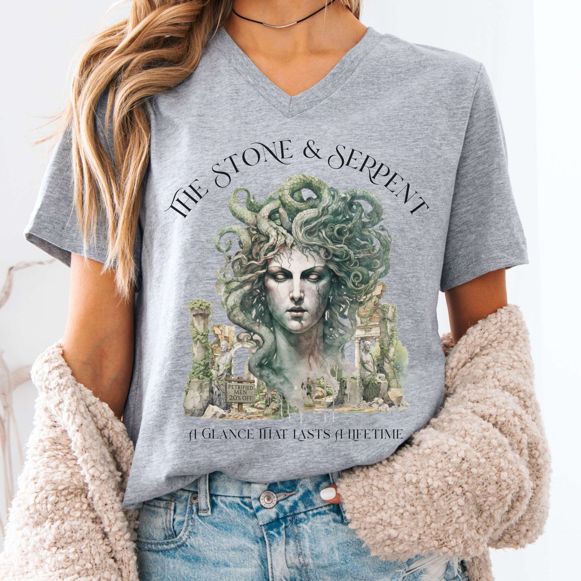 V-neck S / Athletic Heather The Stone & Serpent V-Neck Tee – Medusa Mythology Tee The Mystic Eden
