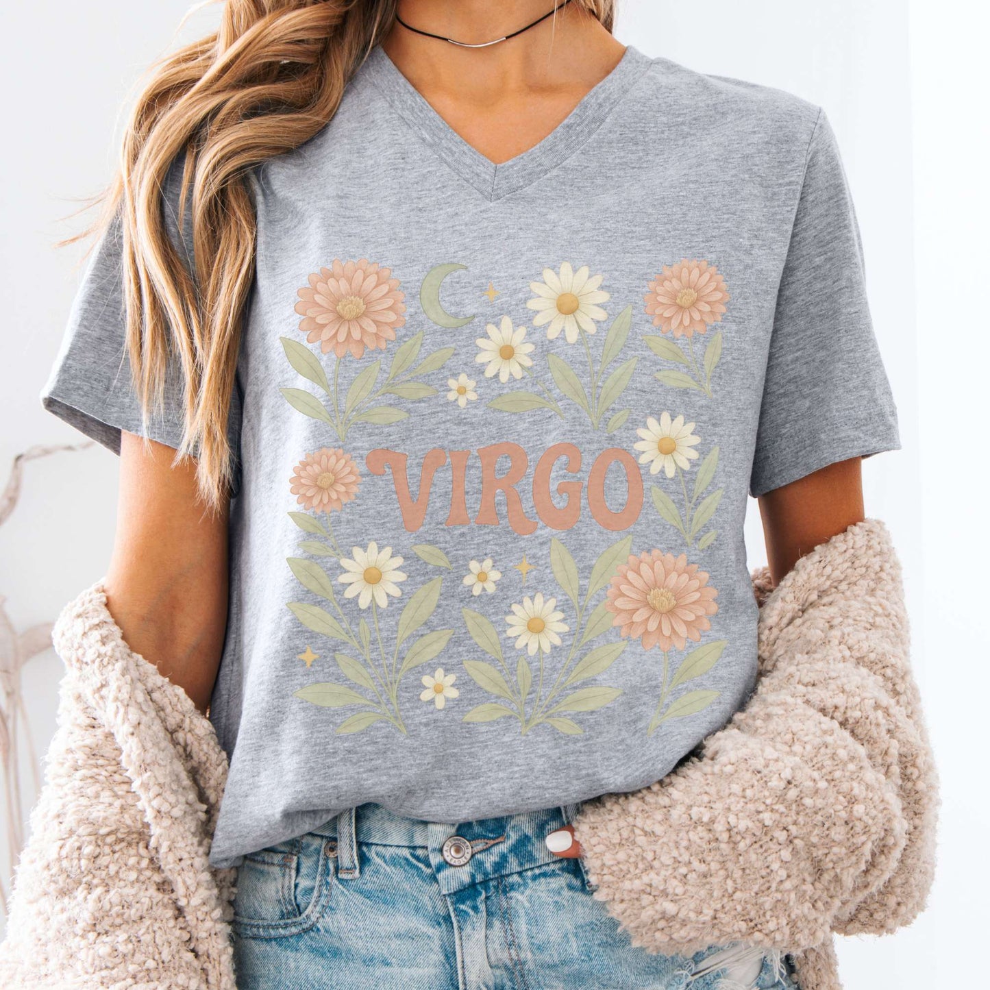V-neck S / Athletic Heather Virgo V-Neck T-Shirt – Retro Zodiac Floral Tee The Mystic Eden