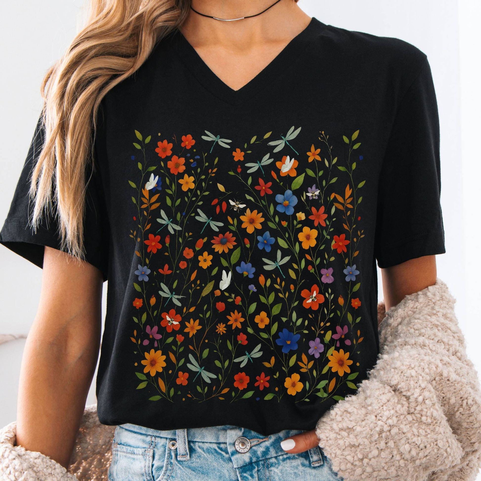 V-neck S / Black Dragonfly Meadow V-Neck Tee β Whimsical Floral Tee The Mystic Eden
