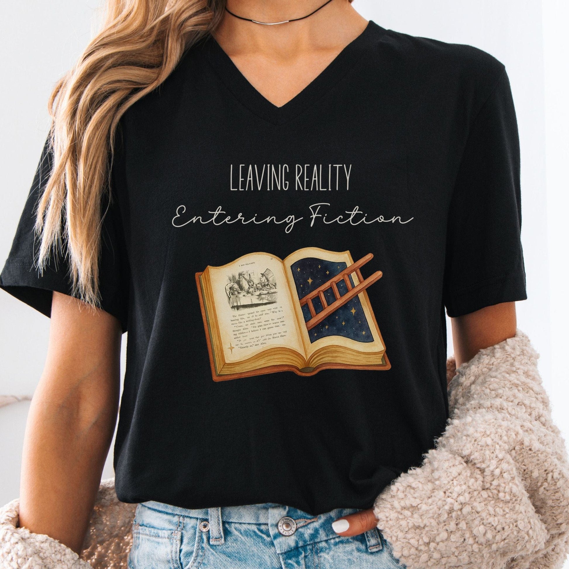 V-neck S / Black Entering Fiction V-Neck Tee – Literary Escape Tee The Mystic Eden