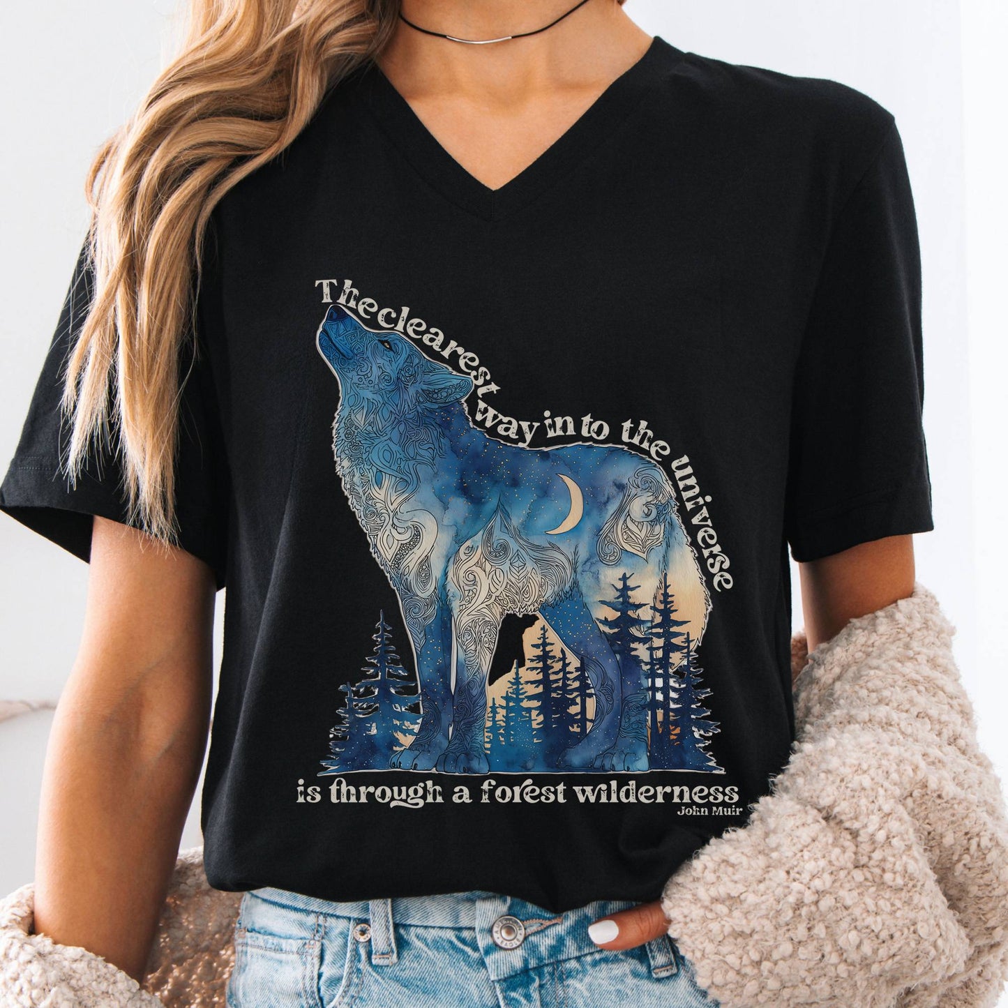V-neck S / Black Forest Wilderness Wolf V-Neck Tee – Nature Quote Tee The Mystic Eden