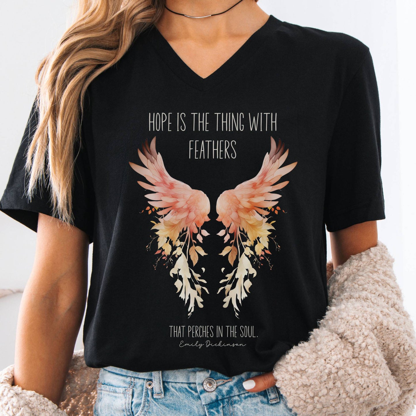V-neck S / Black Hope is the Thing With Feathers Emily Dickinson V-Neck Tee – Literary Wings Tee The Mystic Eden