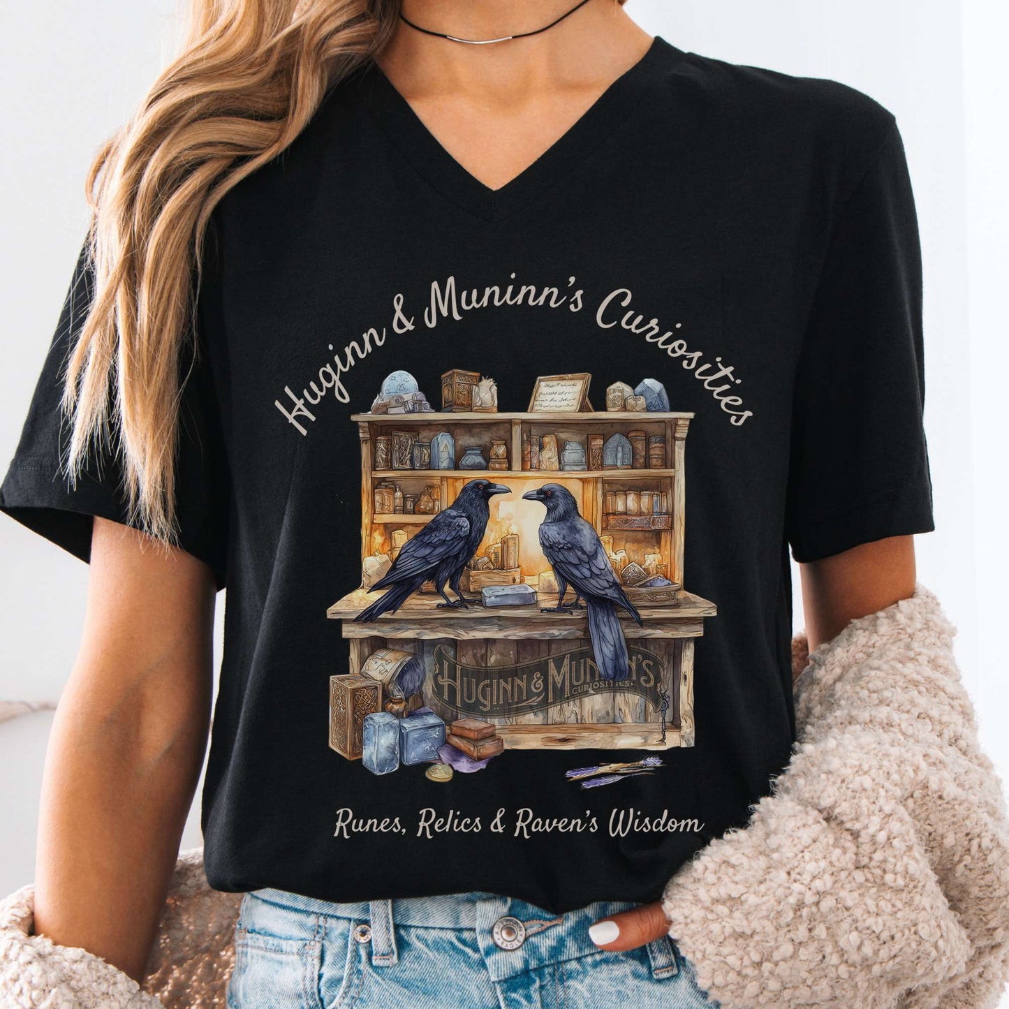V-neck S / Black Huginn & Muninn's Curiosities V-Neck Tee The Mystic Eden