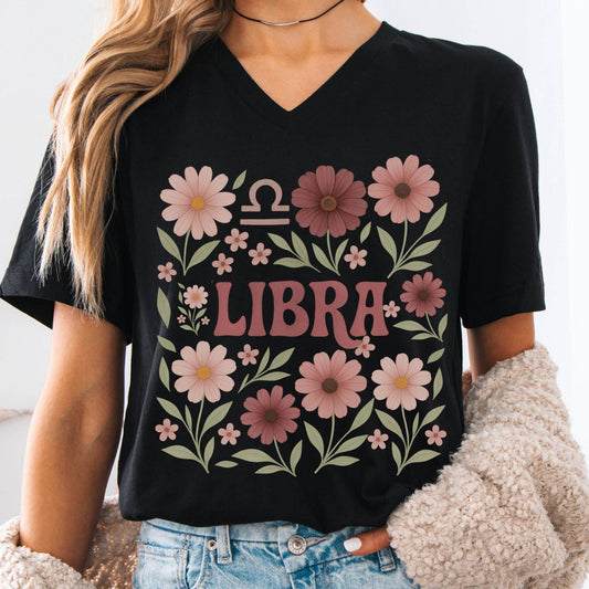 V-neck S / Black Libra V-Neck T-Shirt β Retro Zodiac Floral Tee The Mystic Eden