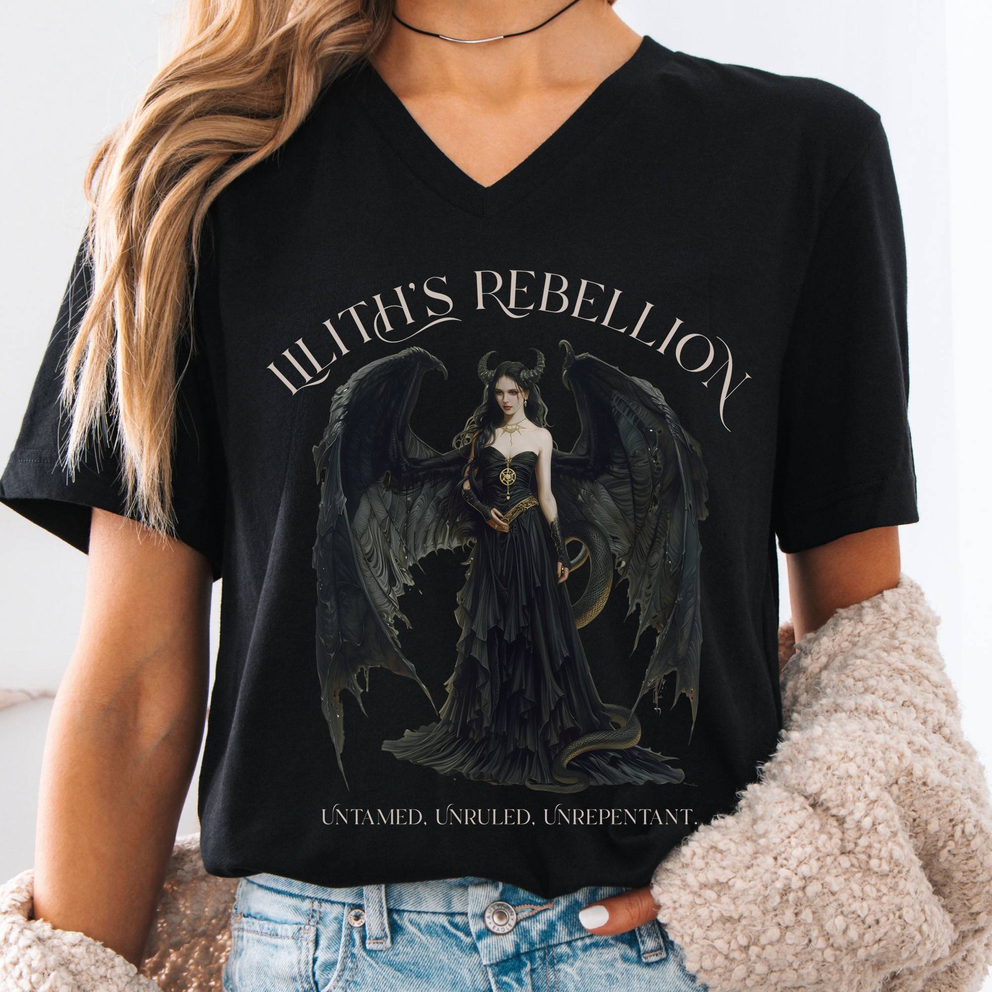 V-neck S / Black Lilith's Rebellion V-Neck Tee β Dark Divine Feminine Tee The Mystic Eden