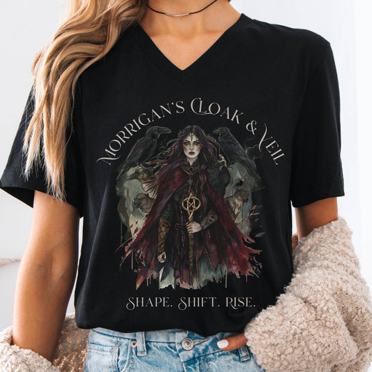 V-neck S / Black Morrigan's Cloak & Veil V-Neck Tee – Celtic Goddess Tee The Mystic Eden