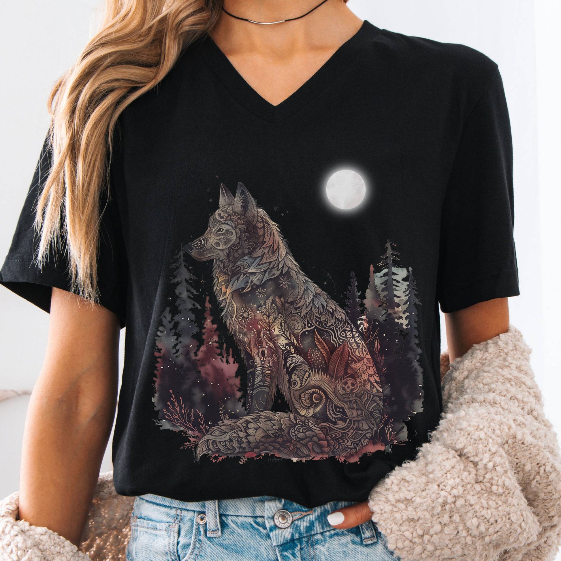 V-neck S / Black Nightfall Wolf V-Neck Tee – Mystical Forestcore Tee The Mystic Eden