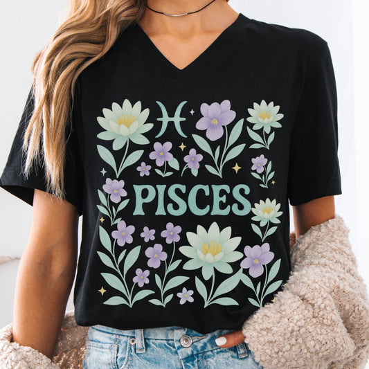 V-neck S / Black Pisces V-Neck T-Shirt β Retro Zodiac Floral Tee The Mystic Eden