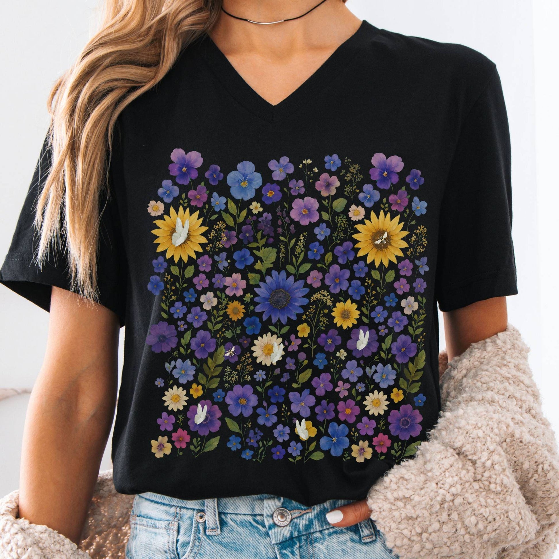 V-neck S / Black Sunflower Garden V-Neck Tee β Vibrant Bloom Tee The Mystic Eden