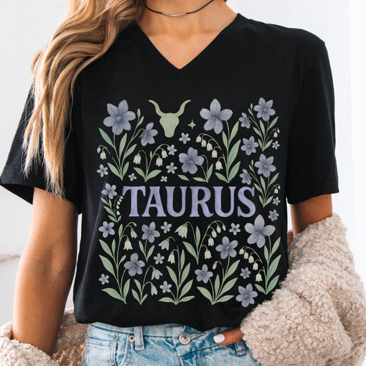 V-neck S / Black Taurus V-Neck T-Shirt β Retro Zodiac Floral Tee The Mystic Eden