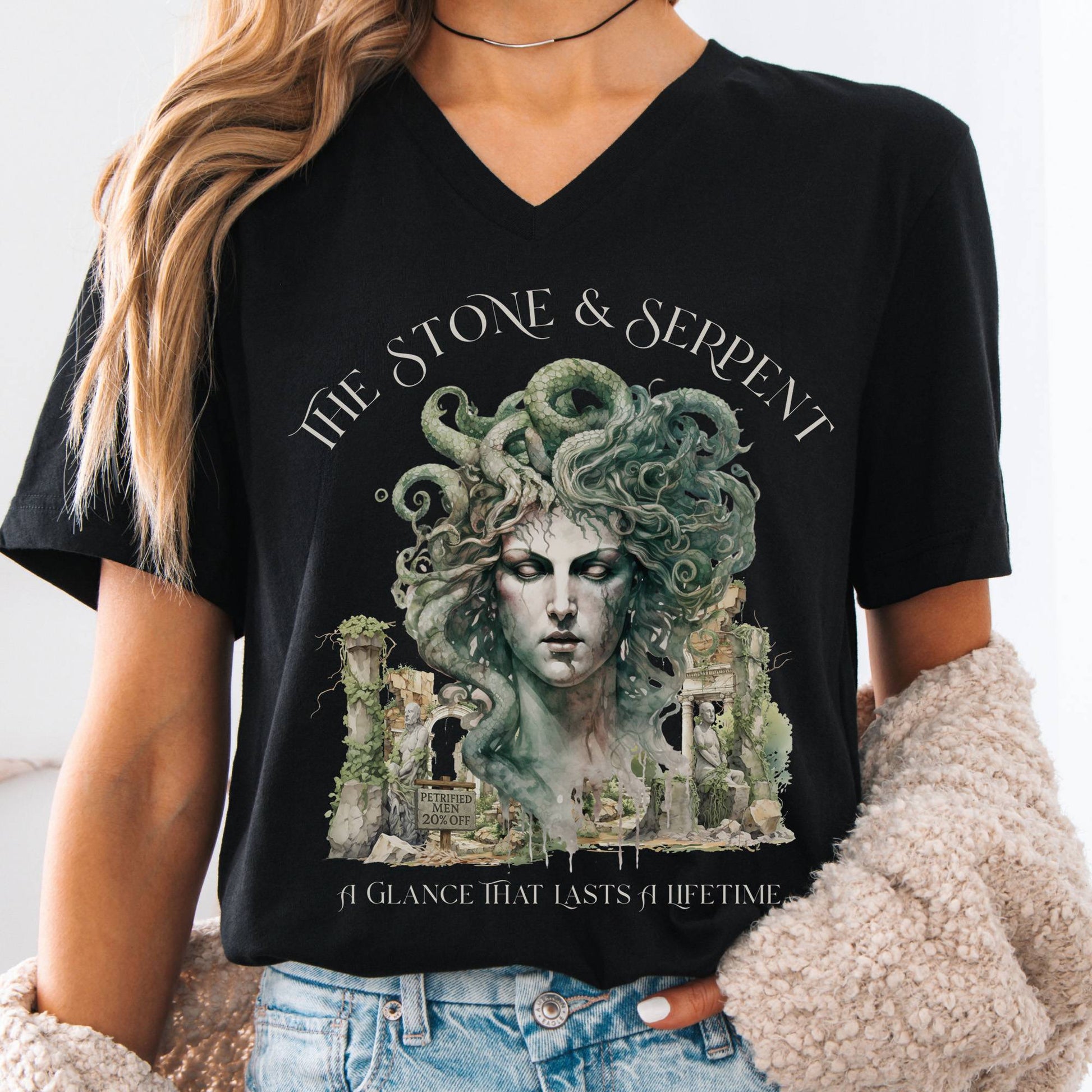 V-neck S / Black The Stone & Serpent V-Neck Tee – Medusa Mythology Tee The Mystic Eden