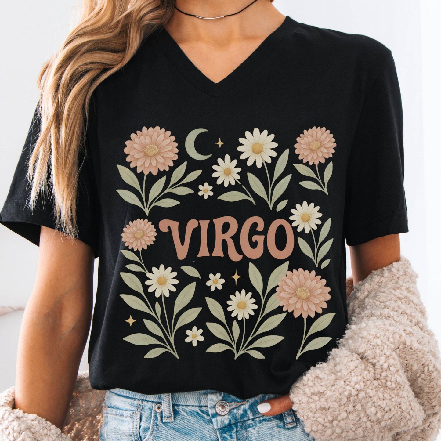 V-neck S / Black Virgo V-Neck T-Shirt – Retro Zodiac Floral Tee The Mystic Eden