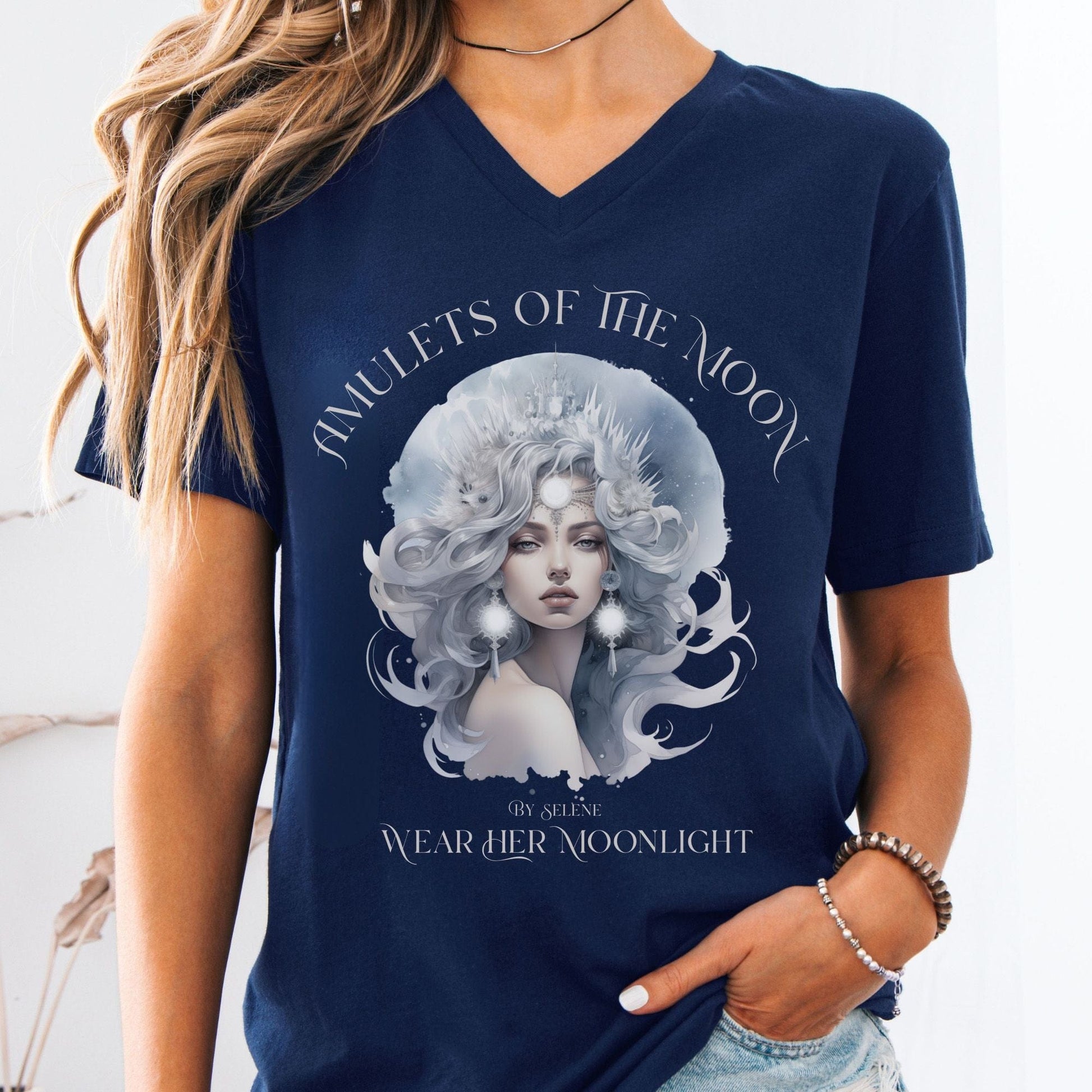 V-neck S / Navy Amulets of the Moon V-Neck Tee β Celestial Goddess Tee The Mystic Eden