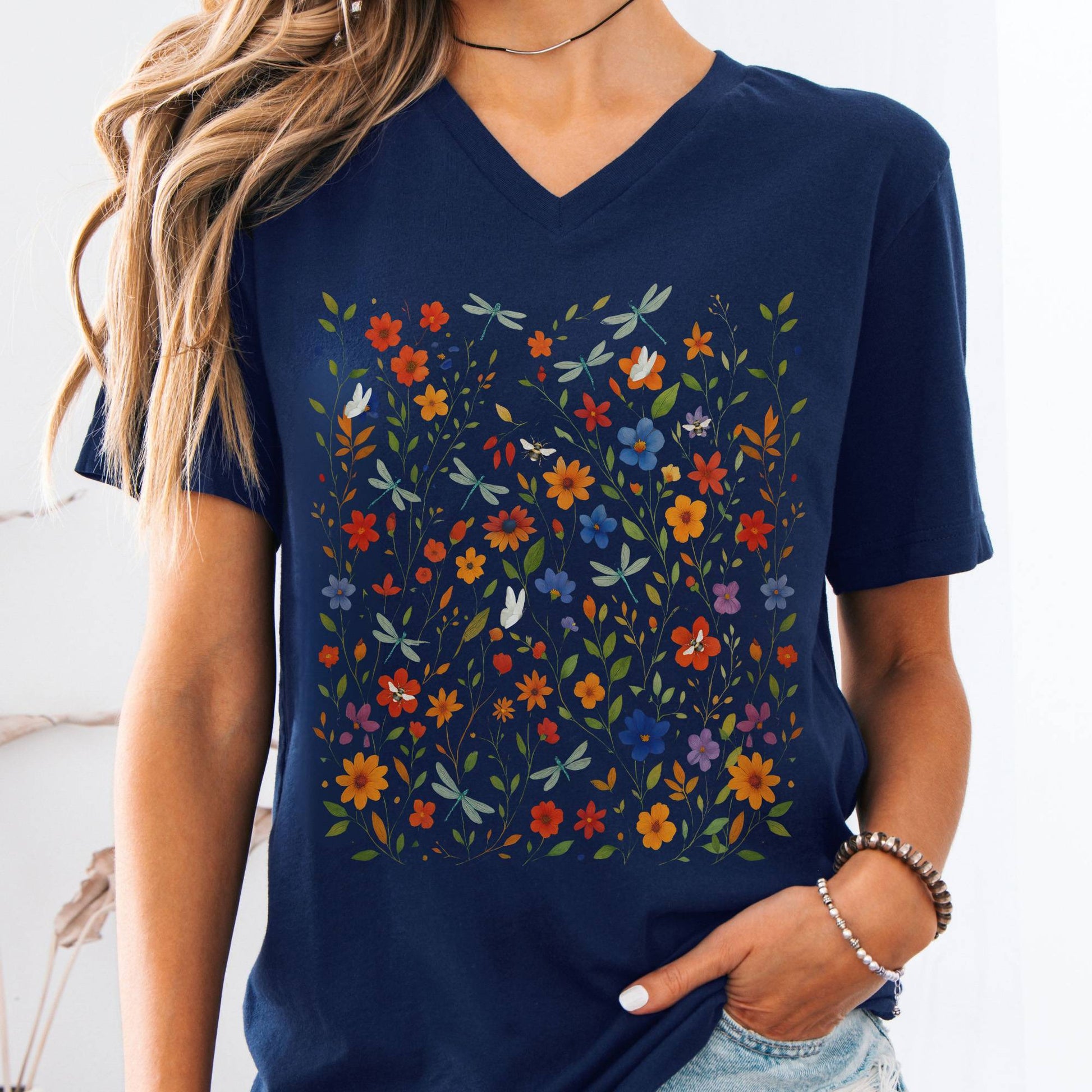 V-neck S / Navy Dragonfly Meadow V-Neck Tee β Whimsical Floral Tee The Mystic Eden