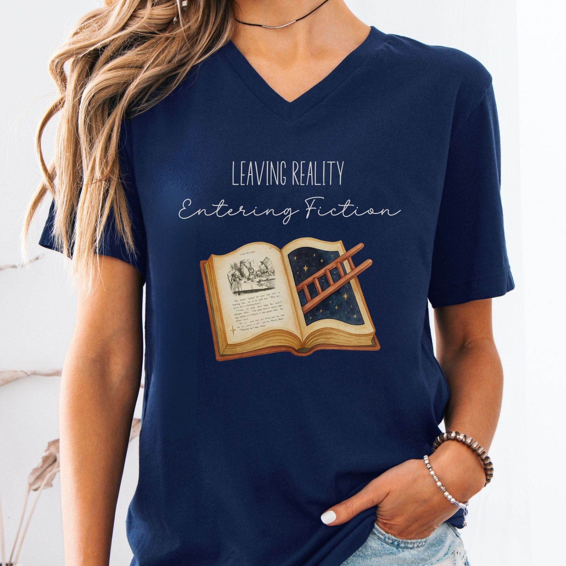 V-neck S / Navy Entering Fiction V-Neck Tee – Literary Escape Tee The Mystic Eden