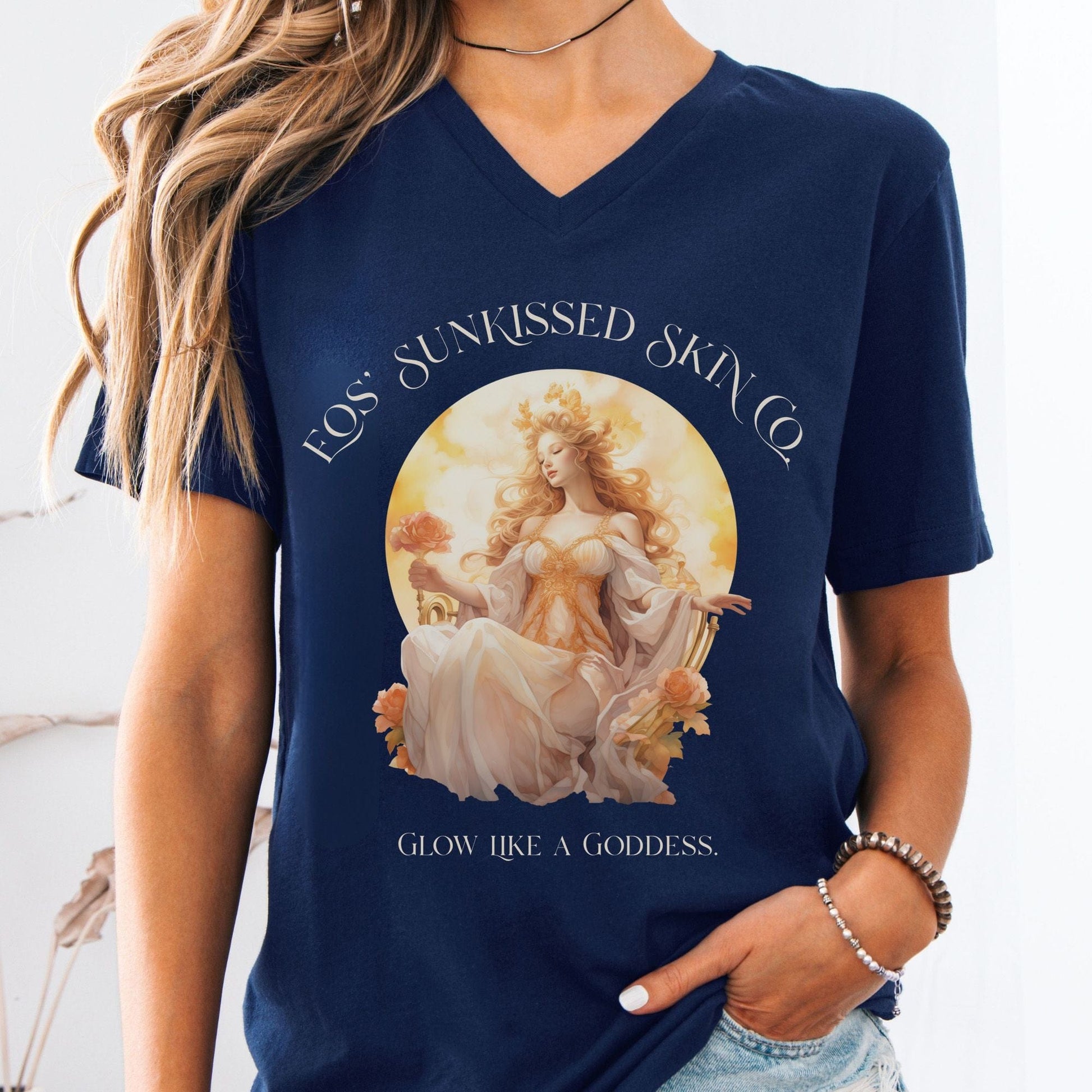V-neck S / Navy Eos' Sunkissed Skin Co. V-Neck Tee – Glow Like a Goddess The Mystic Eden