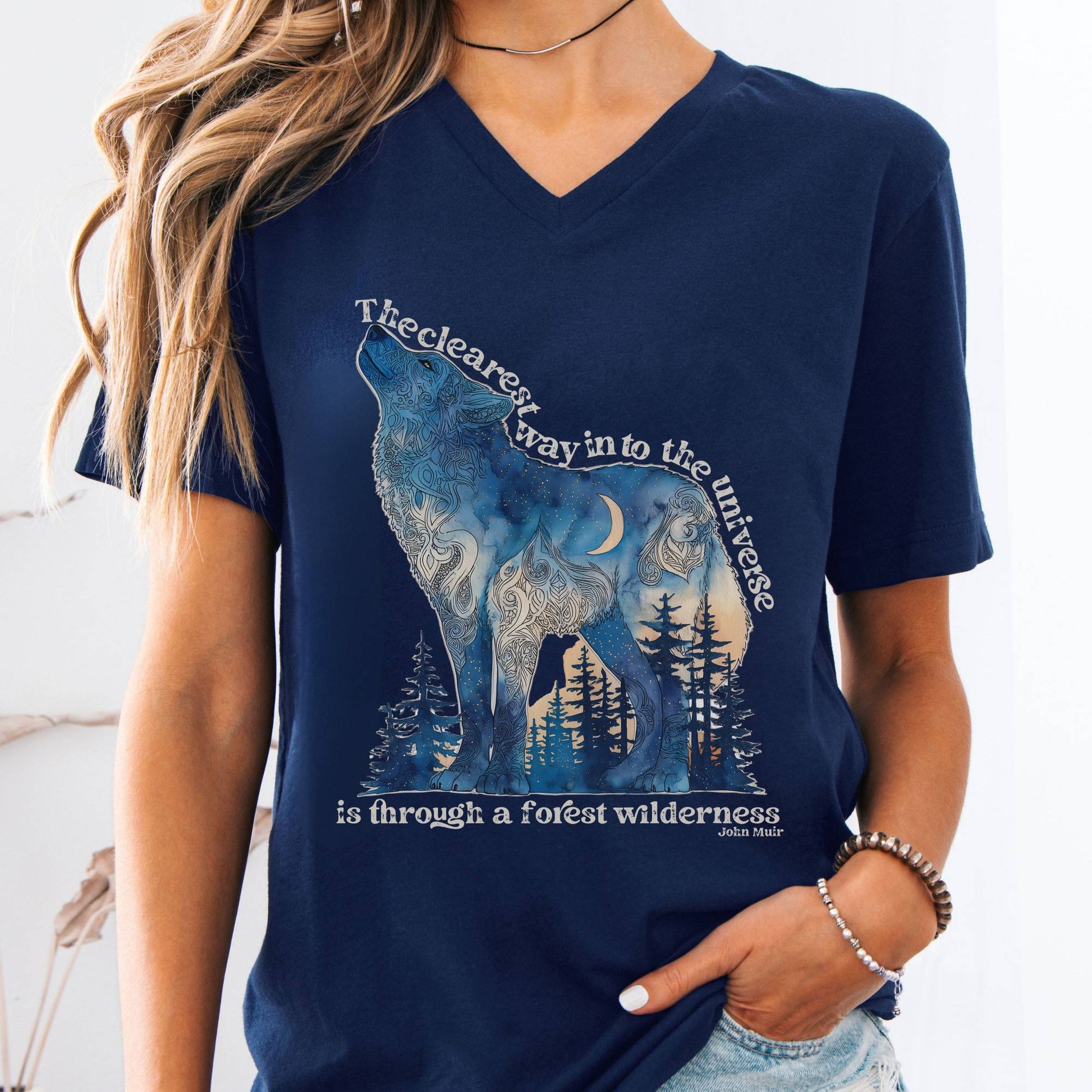 V-neck S / Navy Forest Wilderness Wolf V-Neck Tee – Nature Quote Tee The Mystic Eden