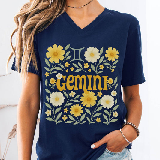 V-neck S / Navy Gemini V-Neck T-Shirt – Retro Zodiac Floral Tee The Mystic Eden