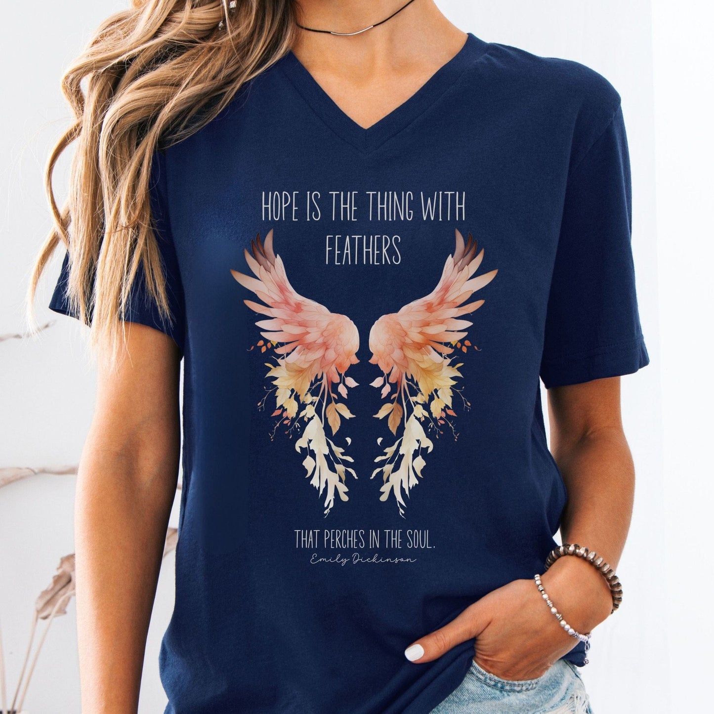 V-neck S / Navy Hope is the Thing With Feathers Emily Dickinson V-Neck Tee – Literary Wings Tee The Mystic Eden