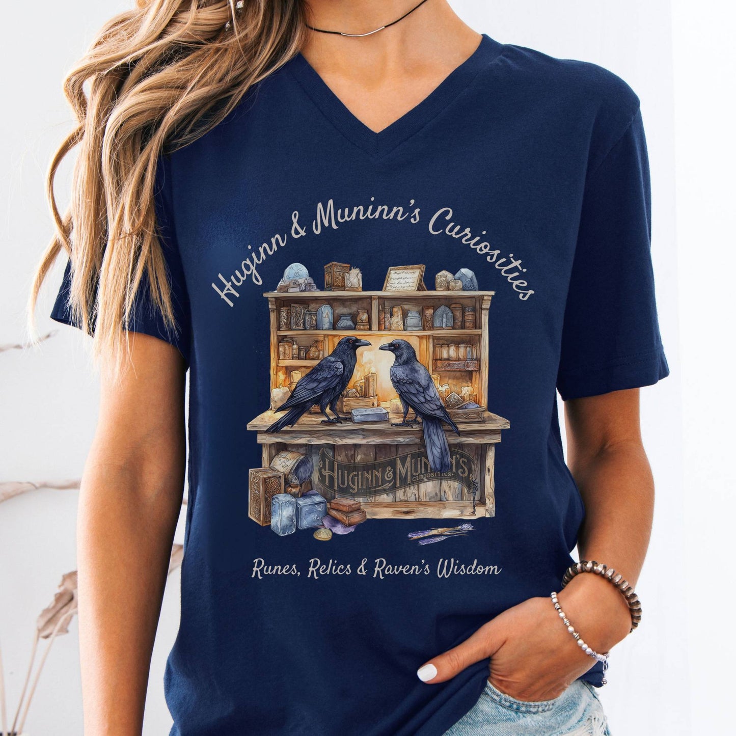 V-neck S / Navy Huginn & Muninn's Curiosities V-Neck Tee The Mystic Eden
