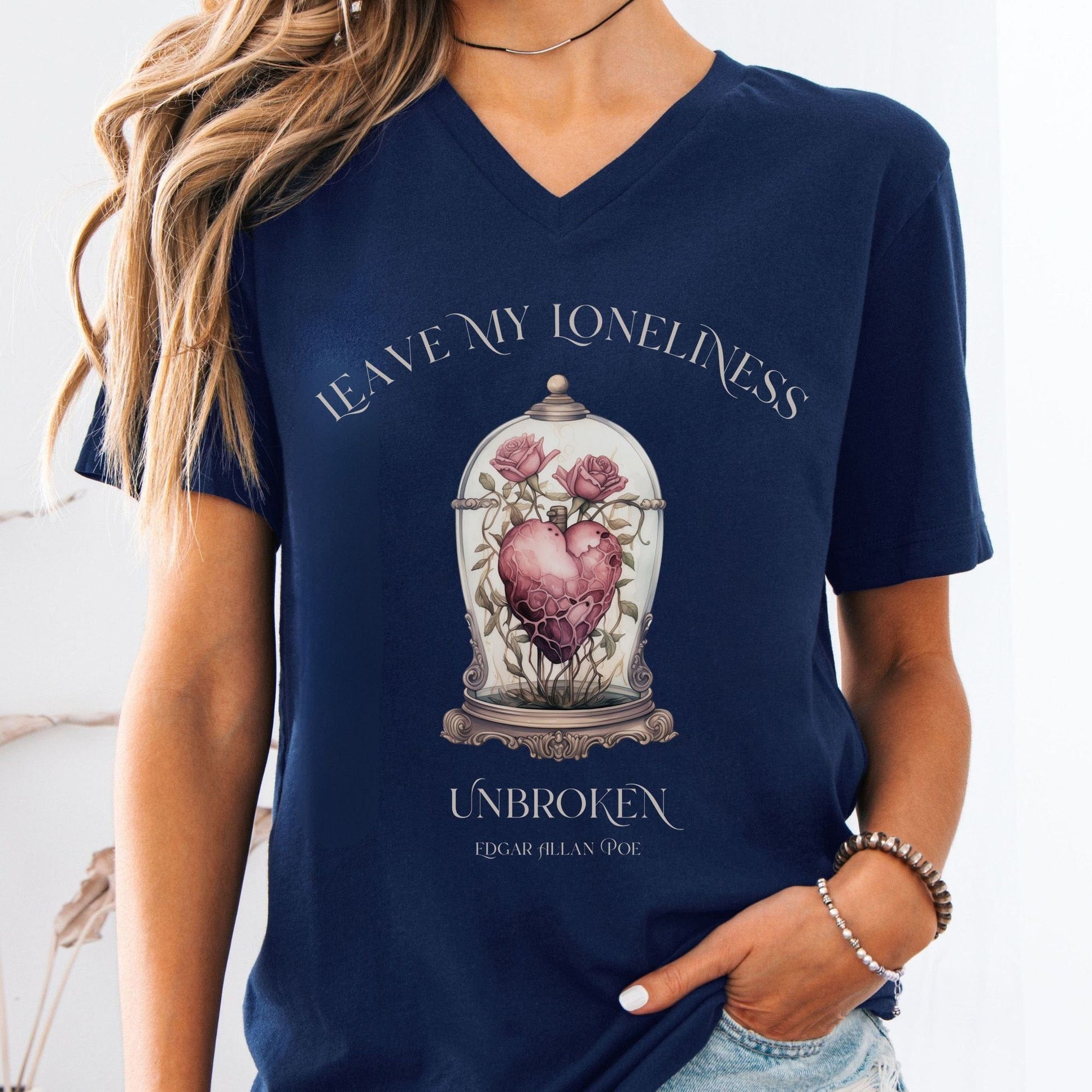 V-neck S / Navy Leave My Loneliness Unbroken V-Neck Tee β Poe Gothic Romance Tee The Mystic Eden