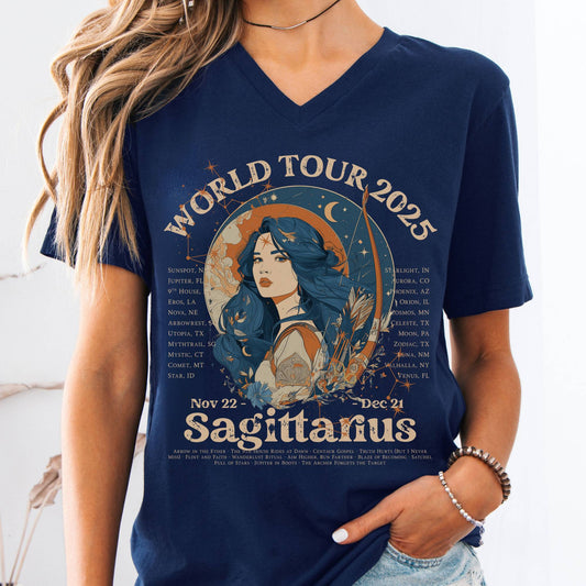 V-neck S / Navy Sagittarius Concert V-Neck Tee - Zodiac World Tour 2025 Shirt The Mystic Eden
