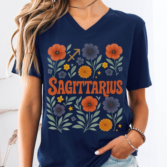 V-neck S / Navy Sagittarius V-Neck T-Shirt β Retro Zodiac Floral Tee The Mystic Eden