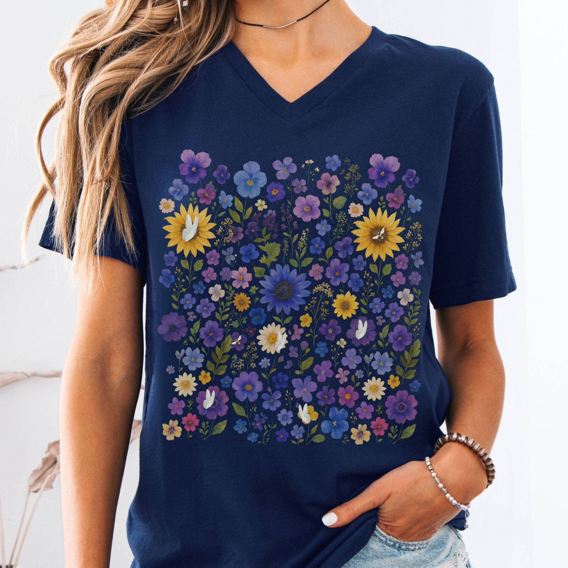V-neck S / Navy Sunflower Garden V-Neck Tee β Vibrant Bloom Tee The Mystic Eden