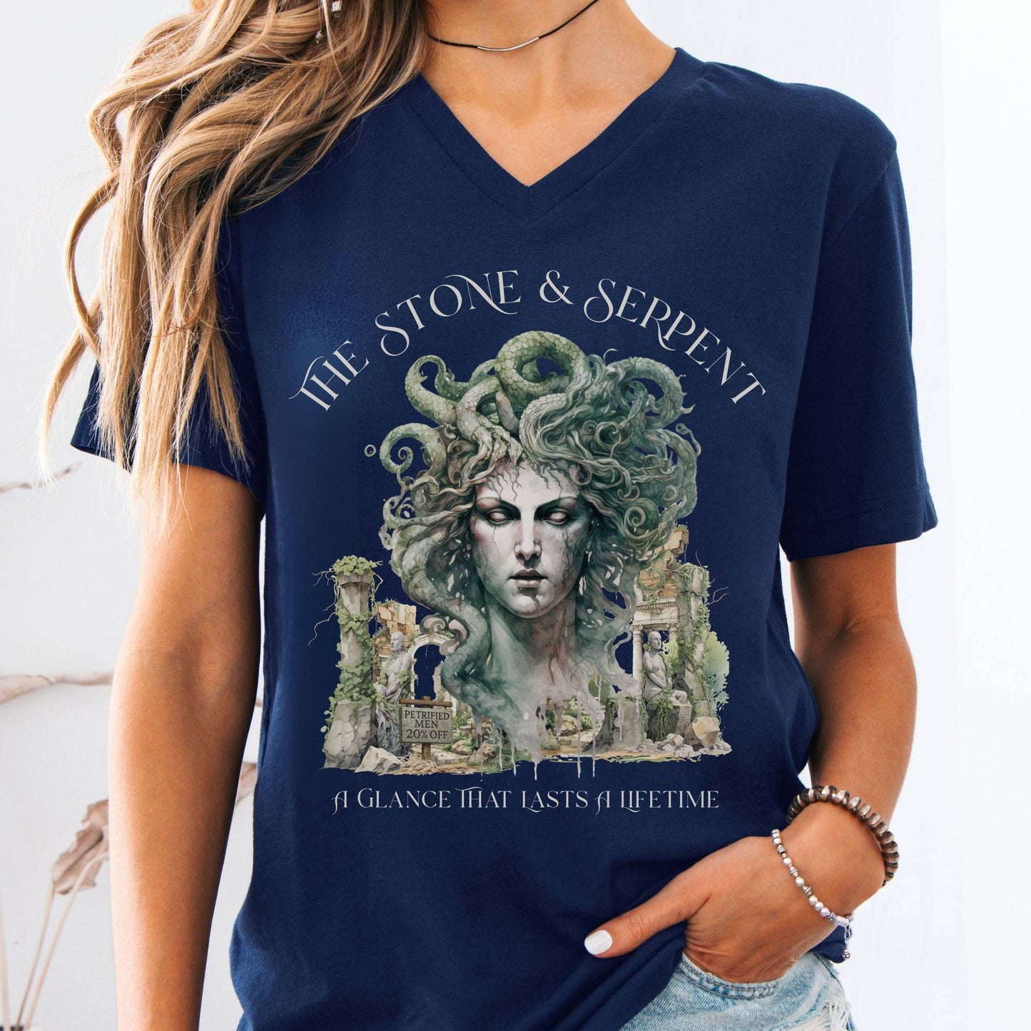 V-neck S / Navy The Stone & Serpent V-Neck Tee β Medusa Mythology Tee The Mystic Eden