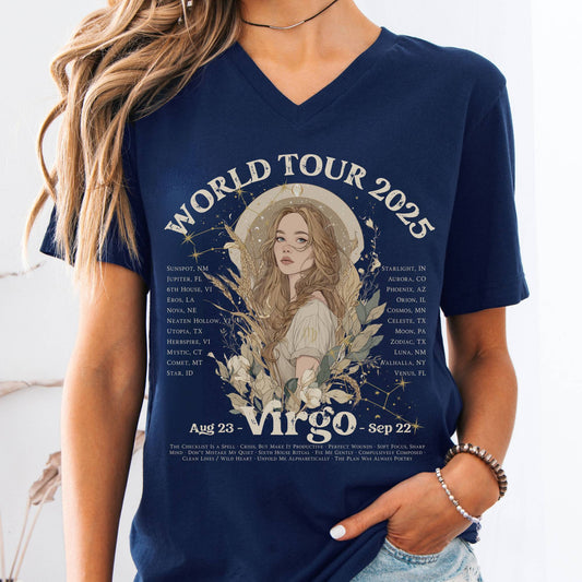 V-neck S / Navy Virgo Concert V-Neck Tee - Zodiac World Tour 2025 Shirt The Mystic Eden