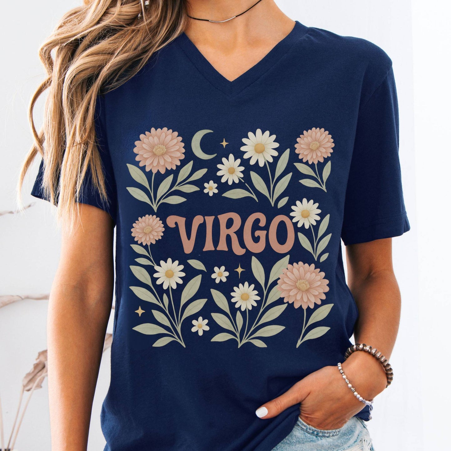 V-neck S / Navy Virgo V-Neck T-Shirt – Retro Zodiac Floral Tee The Mystic Eden