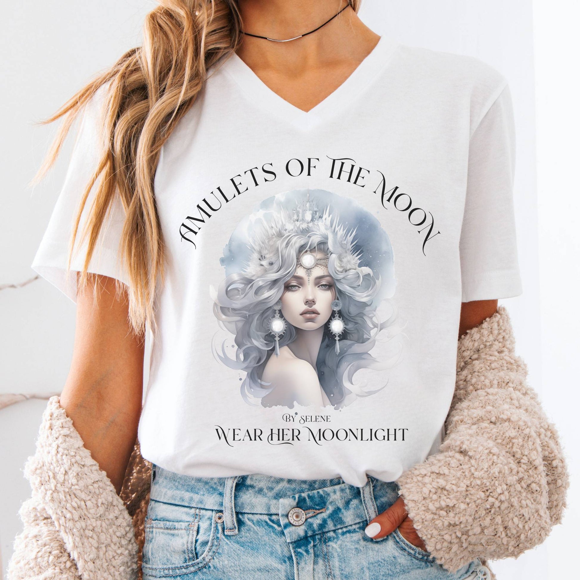 V-neck S / White Amulets of the Moon V-Neck Tee β Celestial Goddess Tee The Mystic Eden