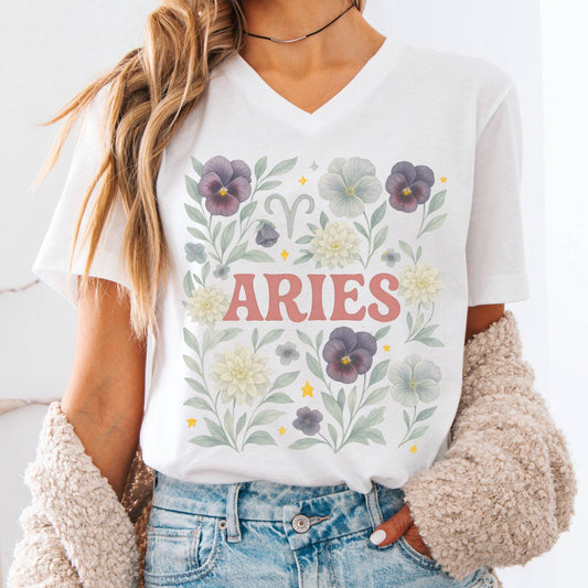V-neck S / White Aries V-Neck T-Shirt – Retro Zodiac Floral Tee The Mystic Eden