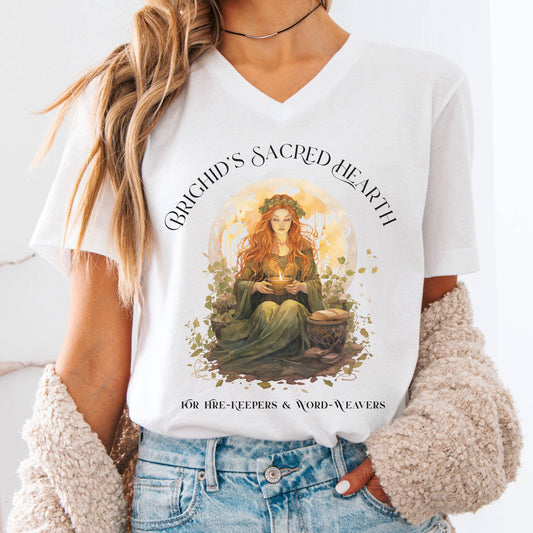 V-neck S / White Brighid's Sacred Hearth V-Neck Tee – Firekeeper Cottagecore Tee The Mystic Eden