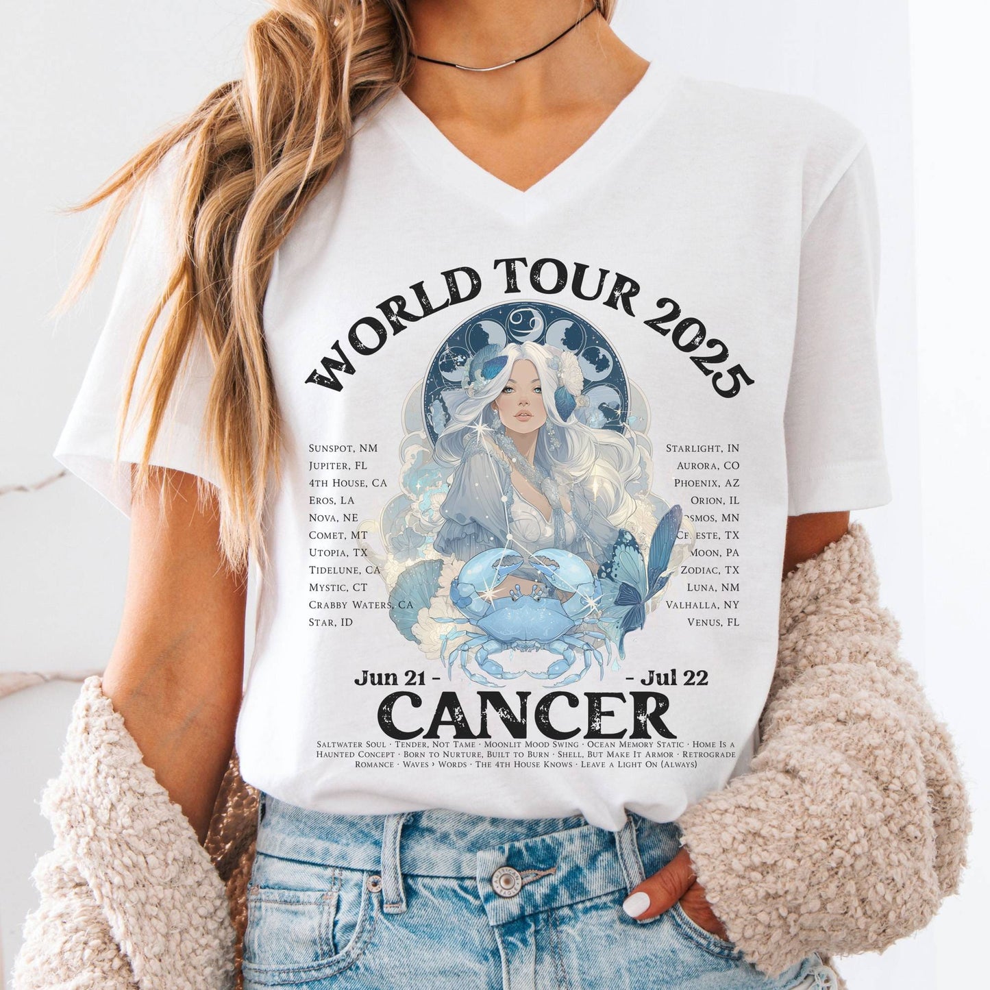 V-neck S / White Cancer Concert V-Neck Tee - Zodiac World Tour 2025 Shirt The Mystic Eden