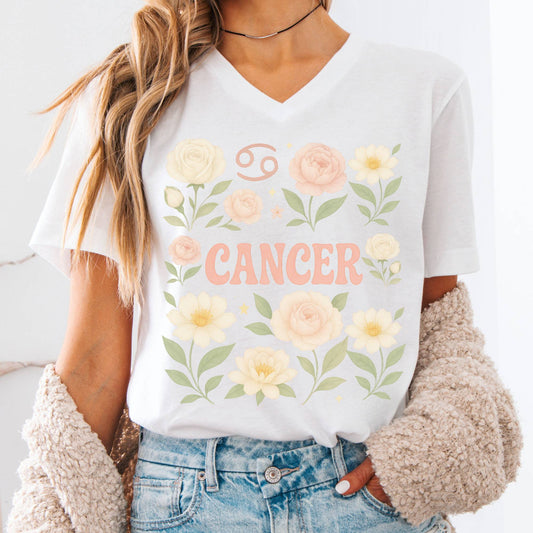 V-neck S / White Cancer V-Neck T-Shirt – Retro Zodiac Floral Tee The Mystic Eden