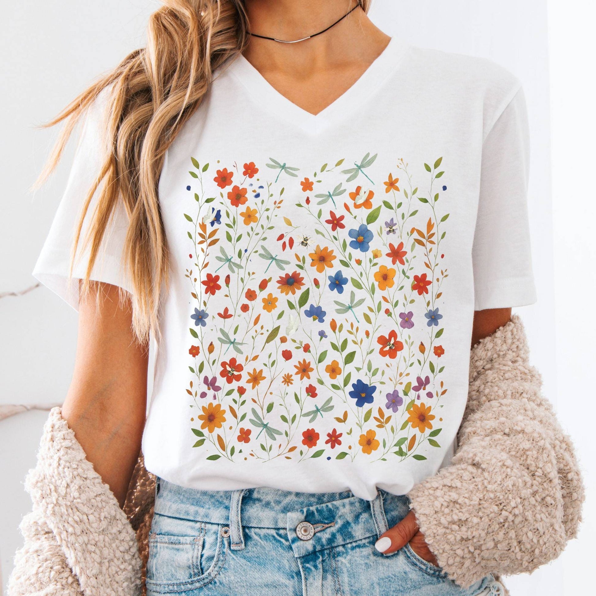 V-neck S / White Dragonfly Meadow V-Neck Tee β Whimsical Floral Tee The Mystic Eden