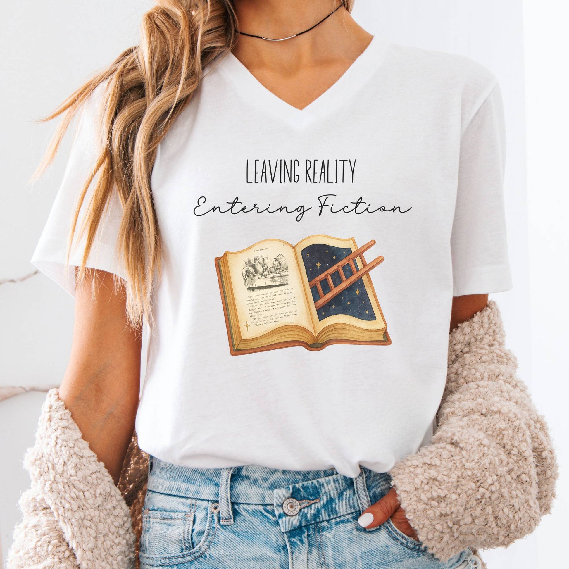V-neck S / White Entering Fiction V-Neck Tee – Literary Escape Tee The Mystic Eden