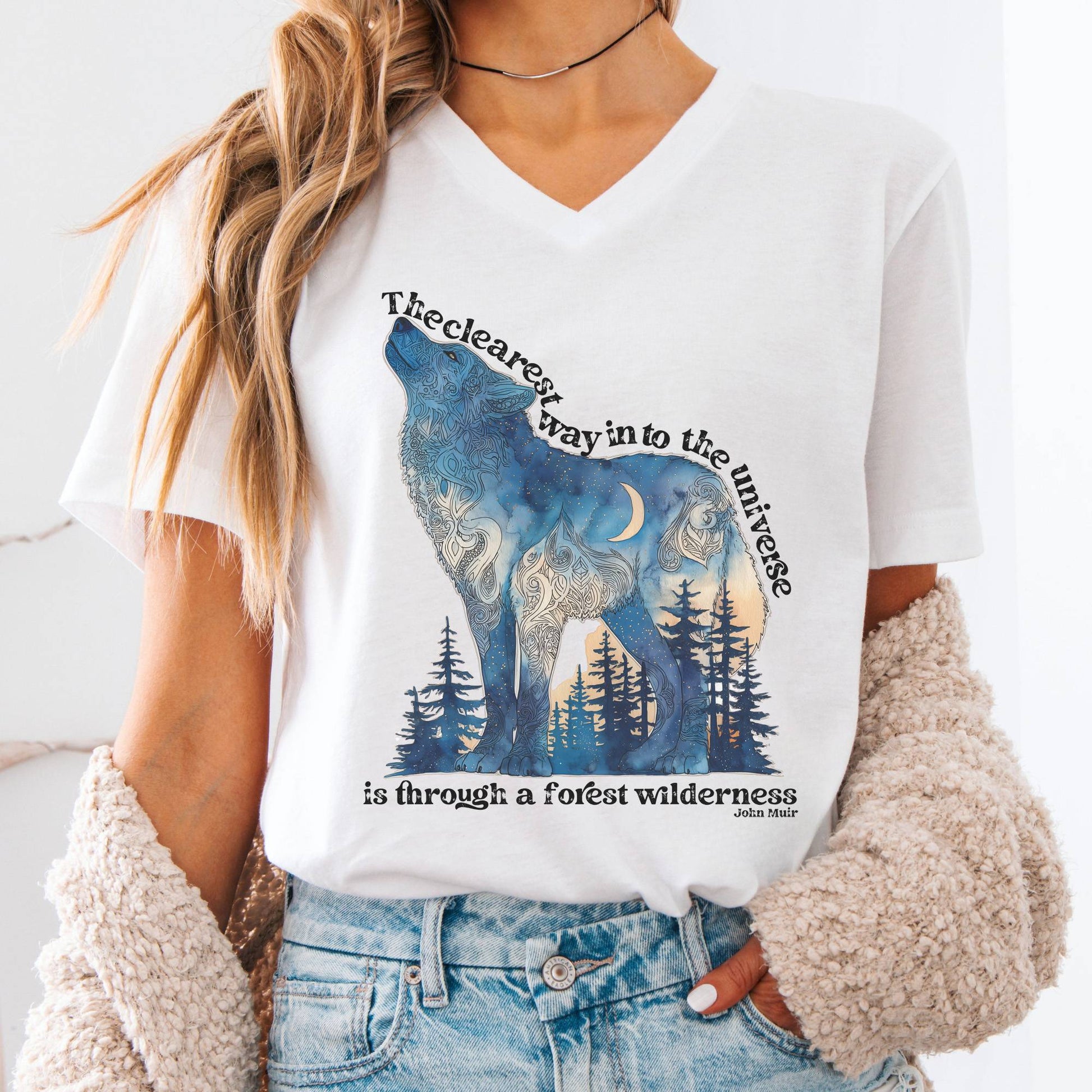 V-neck S / White Forest Wilderness Wolf V-Neck Tee – Nature Quote Tee The Mystic Eden