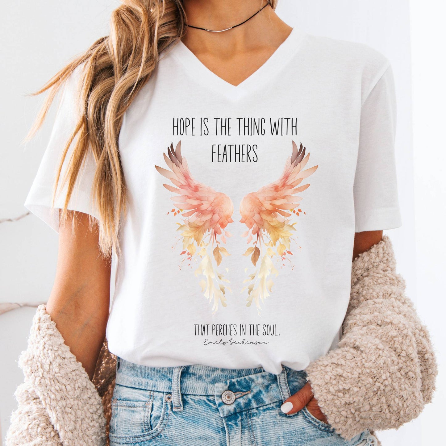 V-neck S / White Hope is the Thing With Feathers Emily Dickinson V-Neck Tee – Literary Wings Tee The Mystic Eden