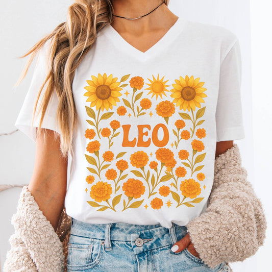 V-neck S / White Leo V-Neck T-Shirt – Retro Zodiac Floral Tee The Mystic Eden