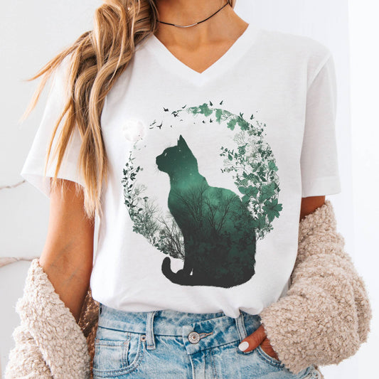 V-neck S / White Midnight Cat in the Forest V-Neck Tee – Celestial Nature Shirt The Mystic Eden