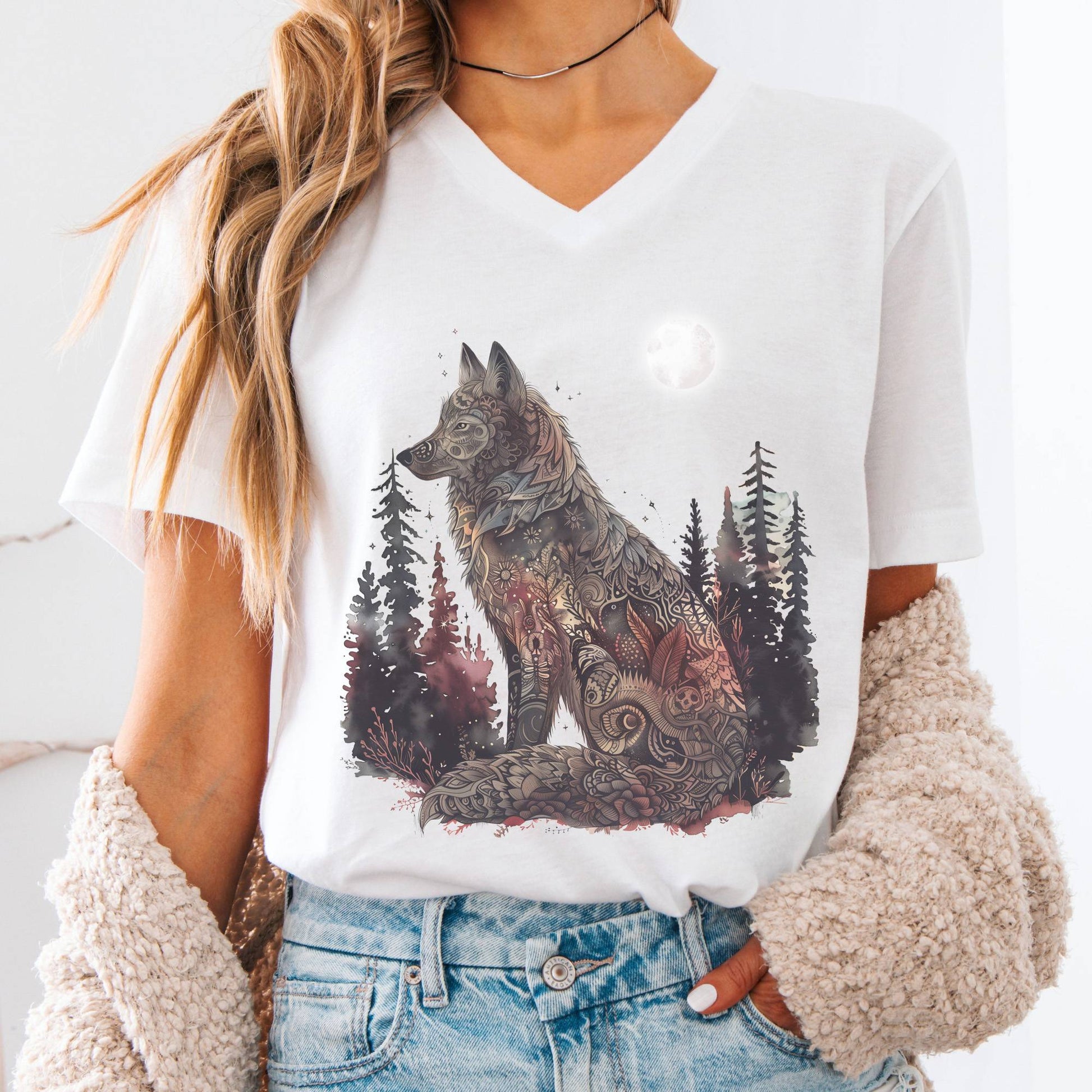 V-neck S / White Nightfall Wolf V-Neck Tee – Mystical Forestcore Tee The Mystic Eden