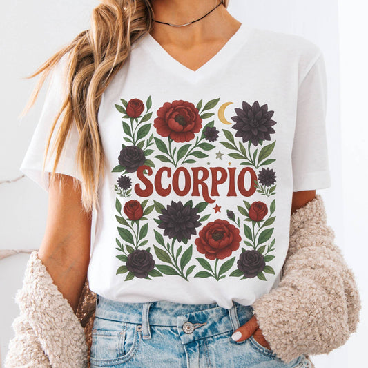 V-neck S / White Scorpio V-Neck T-Shirt – Retro Zodiac Floral Tee The Mystic Eden