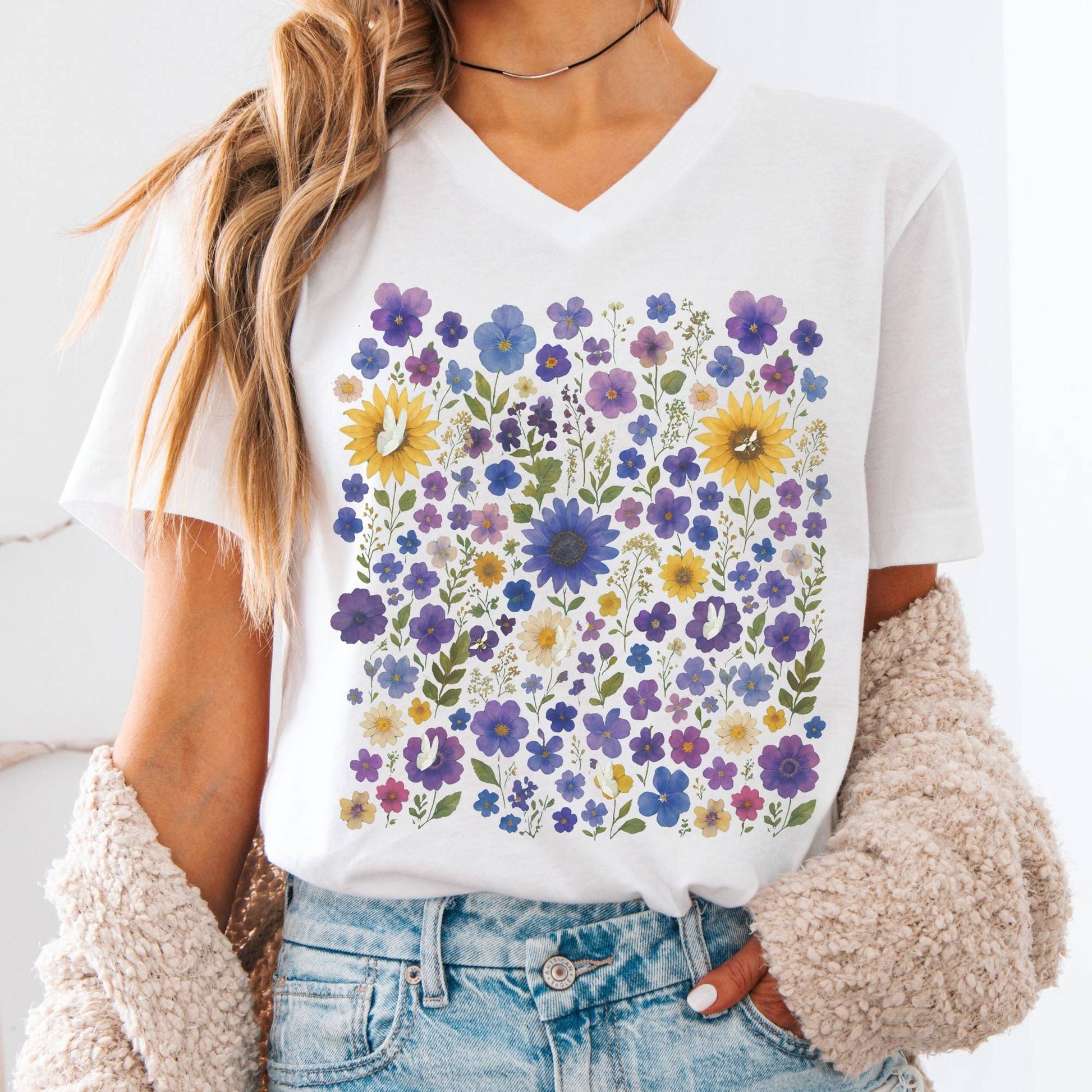 V-neck S / White Sunflower Garden V-Neck Tee β Vibrant Bloom Tee The Mystic Eden