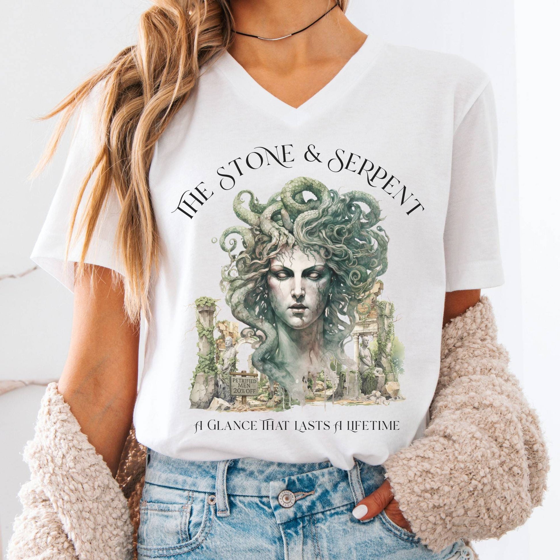 V-neck S / White The Stone & Serpent V-Neck Tee – Medusa Mythology Tee The Mystic Eden